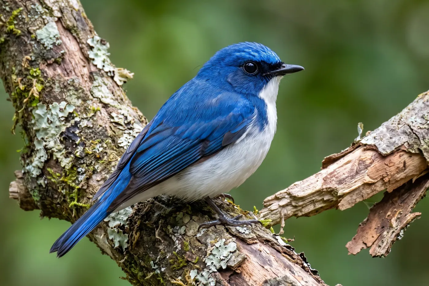 Photo of a blue-and-white flycatcher on a mossy branch