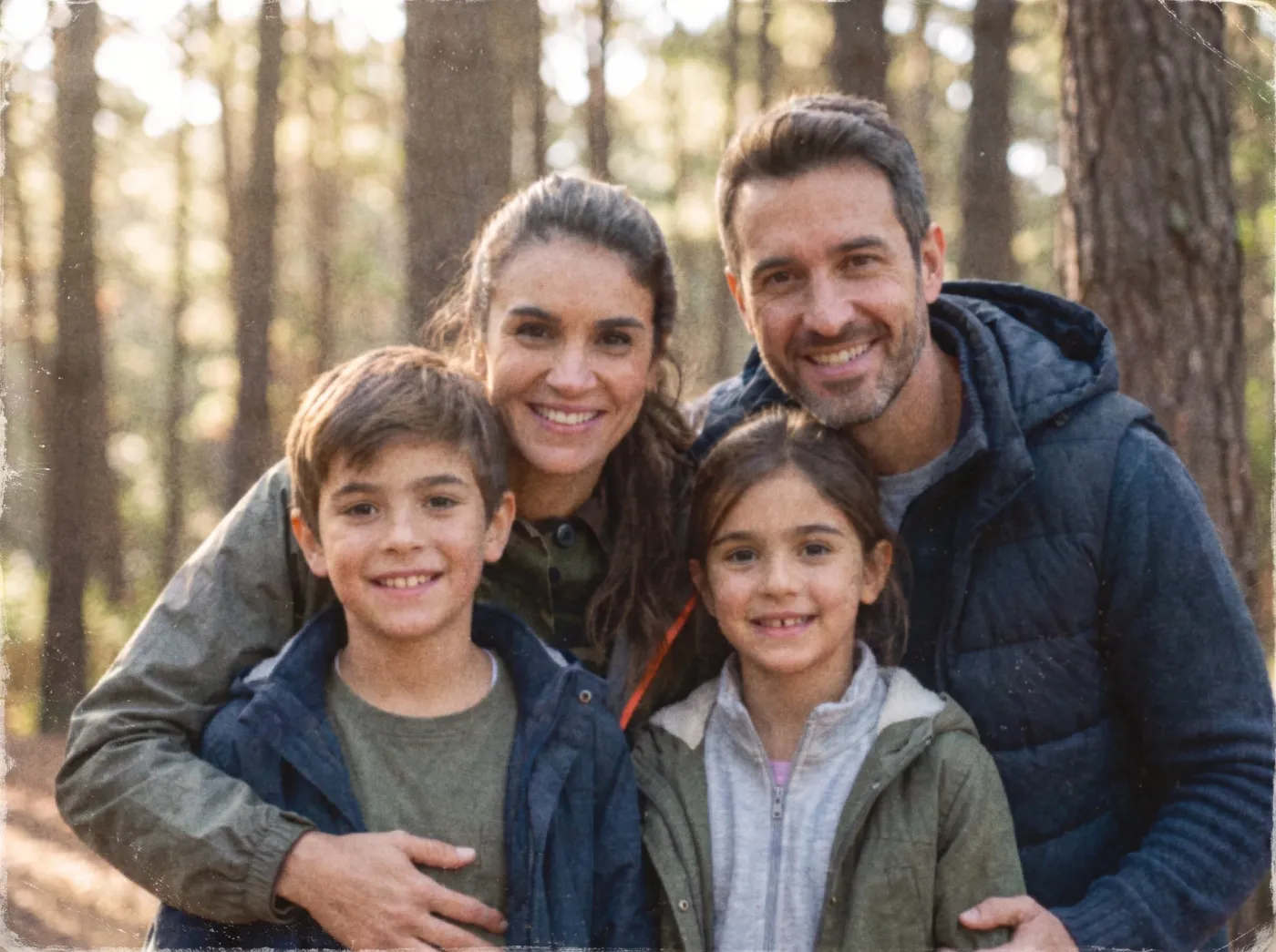 Old, scratched family photo of four in a pine forest