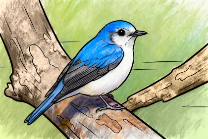 Coloring page of a bluebird, coloured in