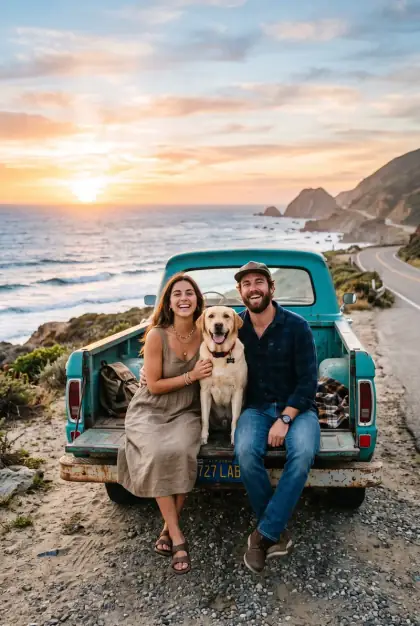 Couple on a pickup truck at sunset