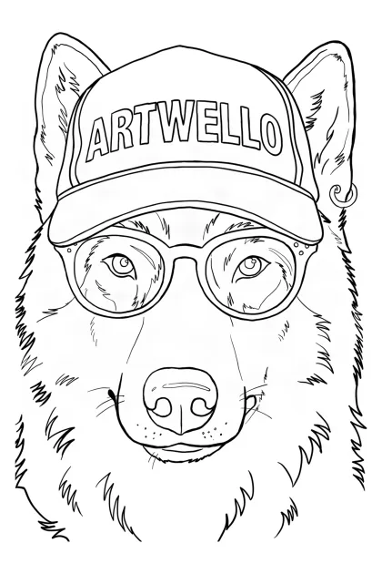 Coloring page of a wolf in a cap and glasses