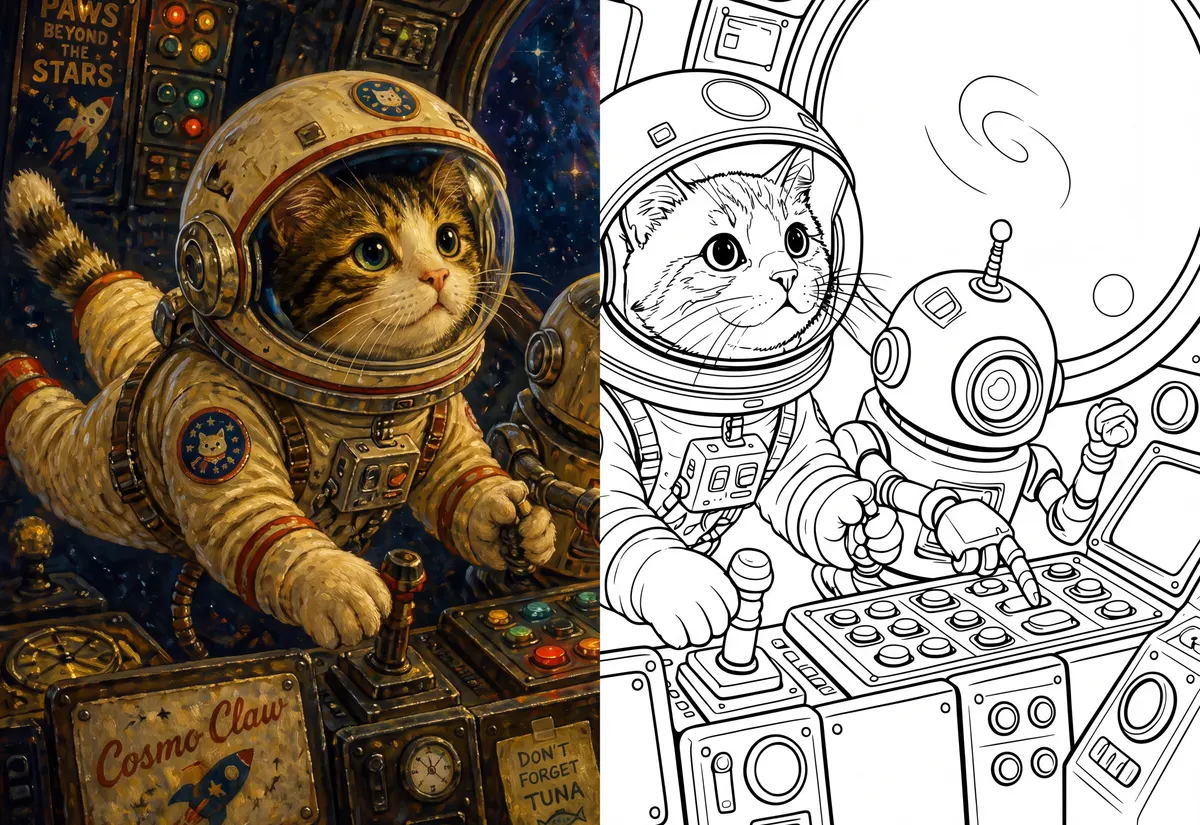 painted source art beside the generated coloring page