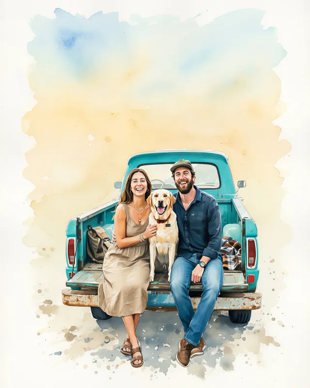 A watercolour portrait of a couple and their golden dog sitting on the back of a turquoise pickup truck